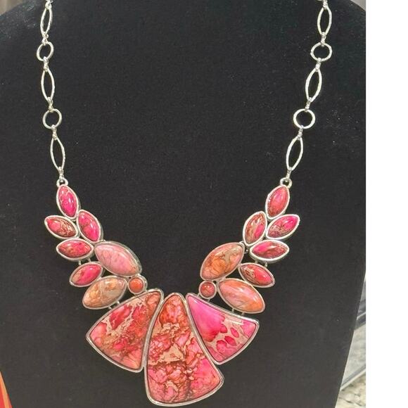 Vintage Sterling Silver Pink Magnesite Statement Collar Necklace Toggle Clasp - Picture 4 of 11